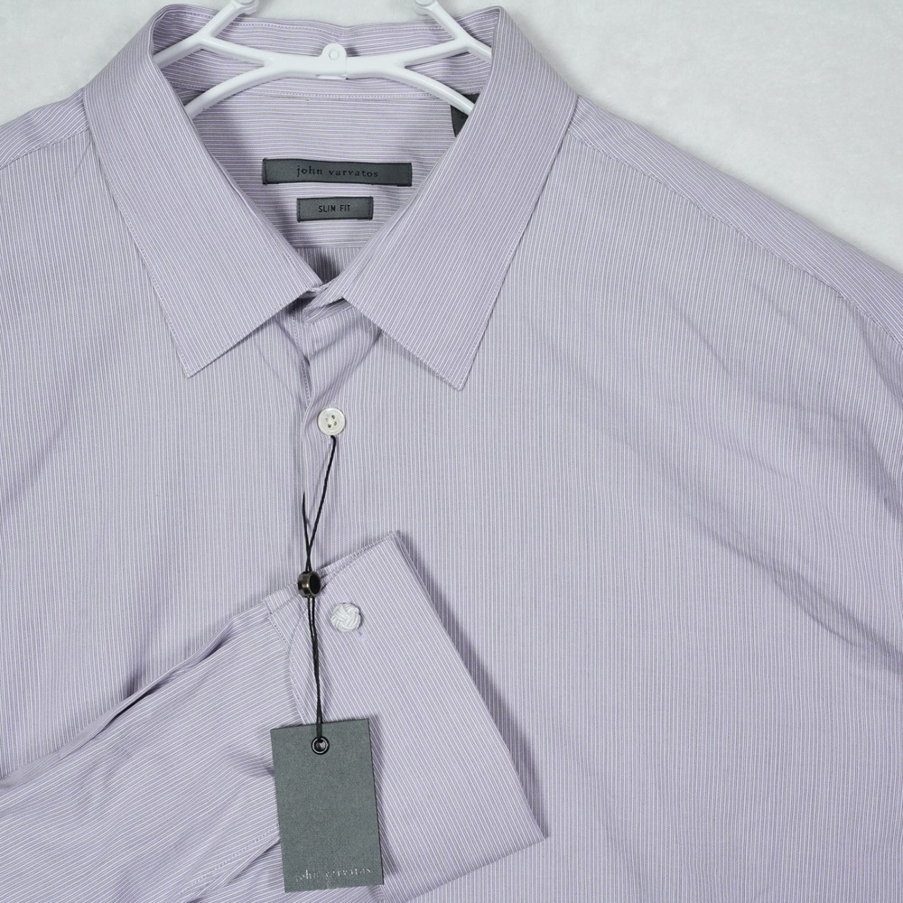 John Varvatos Slim Fit French Cuff Dress Shirt Mens 18 36/37 Lavender Stripe NWT